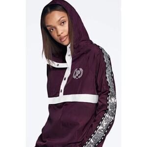 Victoria's Secret PINK Anorak Bling Maroon Windbreaker Snap Jacket Size XS/S